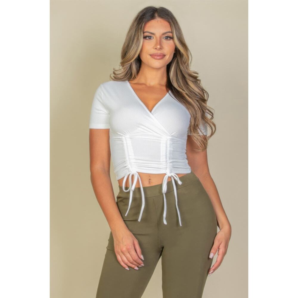 HackleBee | White Ribbed Ruched Drawstring Surplice Top Size S, M, L